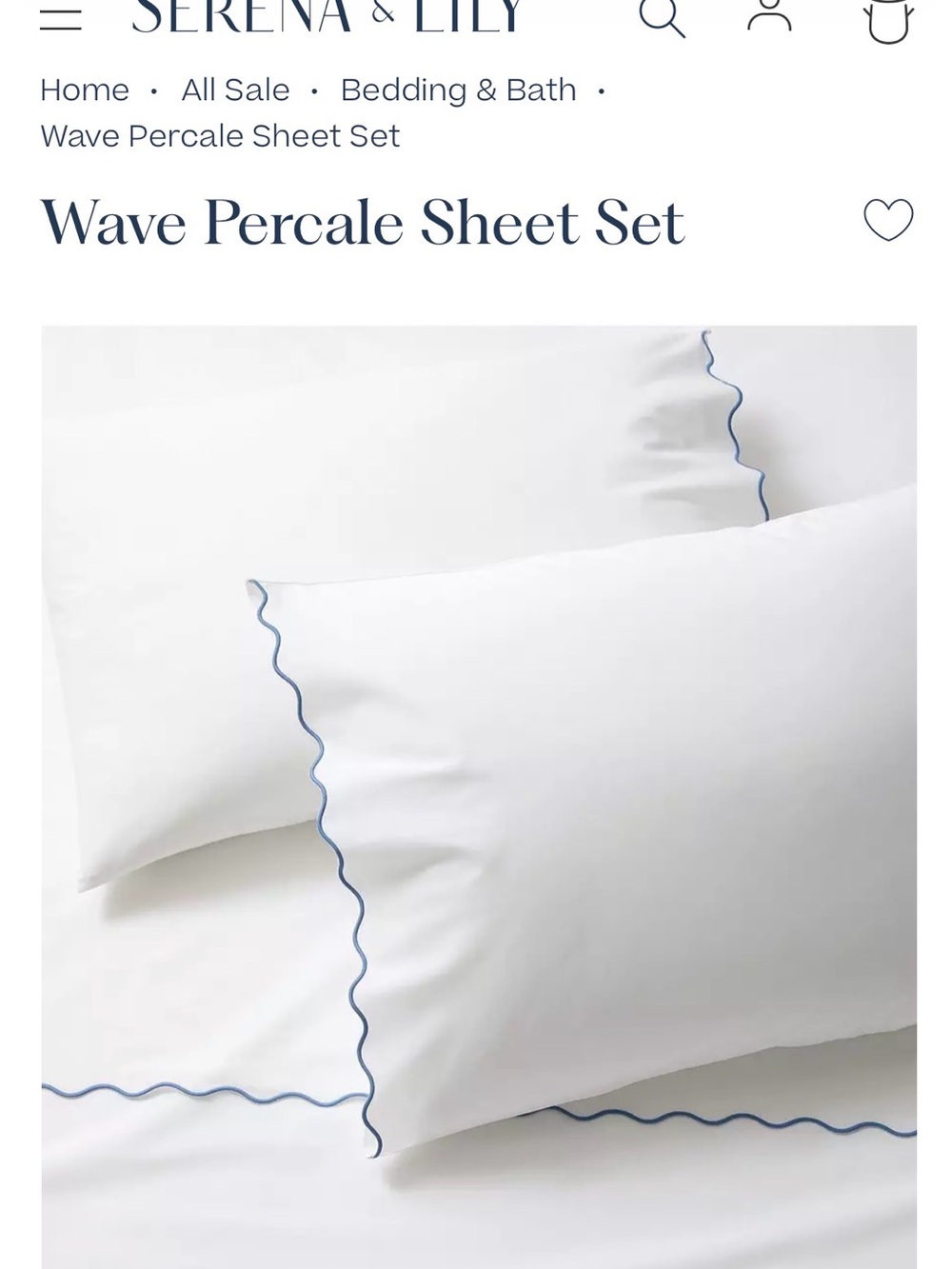 NEW! Serena & Lily White Percale Sheet Set with Blue Wave Trim